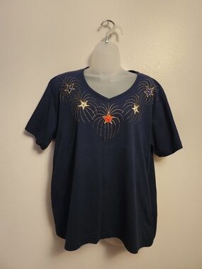 Vntg Hummingbird V-Neck Tee w/ Starburst Fireworks Embroidery,Riveting&Metallic